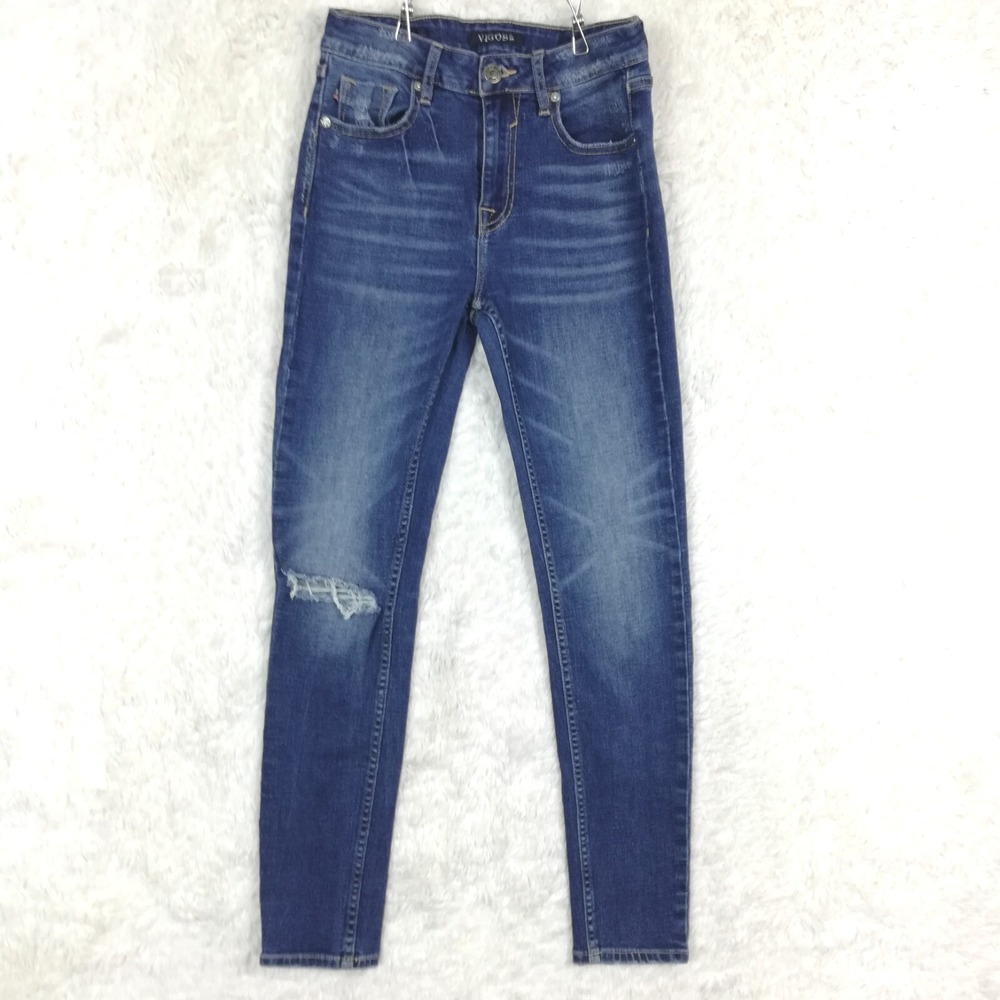 Vigoss Womens Jeans Ace Skinny High Rise Blue Denim Whiskering Distressed 25